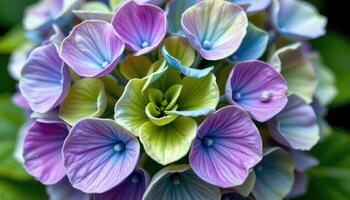 close up view of a hydrangea flower head transitioning in color between green, blue, and violet. photo