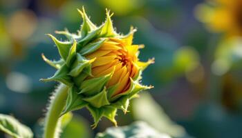 close up view of a sunflower bud just beginning to open, its edges curled in shadow and promise. photo