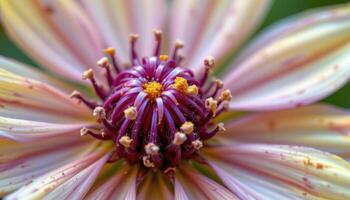 close up view of a wildflower head with pollen clinging to fine hairs and petal folds. photo