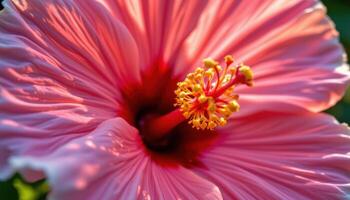 close up view of a hibiscus flower with wide open petals and intricate stamen catching golden light. photo
