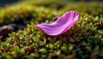 close up view of a delicate pink petal drifting in a breeze across dark green moss. photo