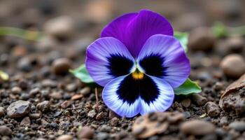 close up view of a purple pansy resting flat against the soil with softly curled edges. photo