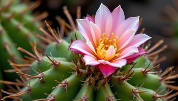 close up view of a cactus flower blooming in stark contrast to the harsh spines surrounding it. photo