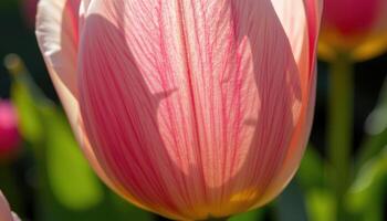 close up view of a tulip petal backlit by sunlight revealing fine veins and soft textures. photo
