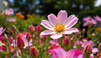close up view of a single garden flower among many unopened buds under summer skies. photo
