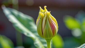 close up view of a flower bud just beginning to open, light catching only the tips. photo