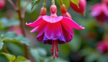 close up view of a fuchsia flower captured mid bloom, its vivid petals cascading downward in layered folds. photo