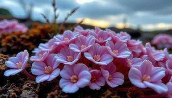 close up view of a cluster of anemones glowing under overcast skies on a cool afternoon. photo
