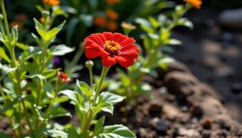 close up view of a red zinnia blooming at the edge of a quiet garden bed with soft shadows. photo