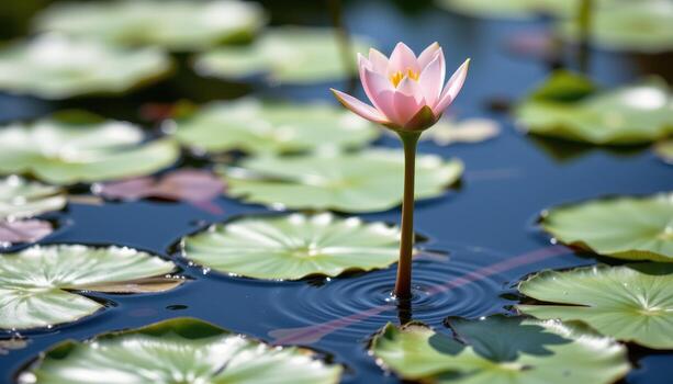 close up view of a single flower rising from a pond's surface, surrounded by lily pads. photo