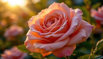 close up view of a peach colored rose unfolding in warm golden sunlight with velvety petals arranged in delicate spirals. photo