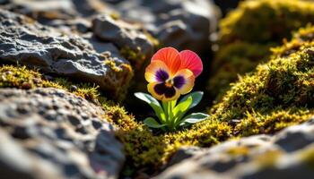 close up view of a pansy nestled between mossy rocks, its colorful face turned toward a sliver of light. photo