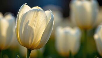 close up view of a white tulip glowing in moonlight, with subtle gradients from root to tip. photo