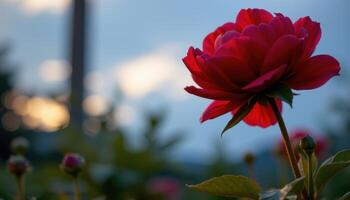 close up view of a crimson peony glowing softly in the diffuse light of an overcast afternoon. photo