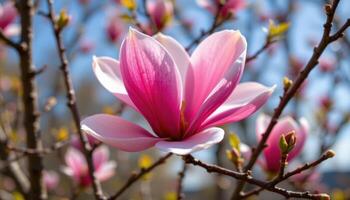 close up view of a pink magnolia flower just beginning to open, framed by blurred spring branches. photo