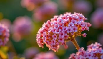 close up view of a cluster of tiny pink blooms glowing softly in golden twilight. photo