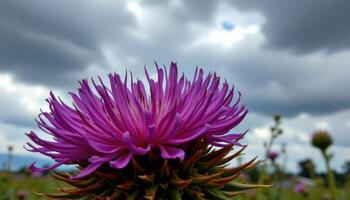 close up view of a field thistle flower with sharp spines and vivid purple bloom under a stormy sky. photo