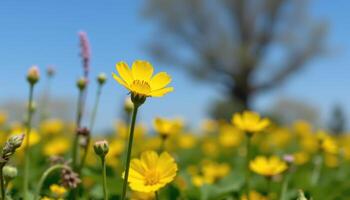 close up view of a yellow buttercup bloom standing tall in a field of green clover. photo