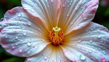 close up view of a rain drenched garden bloom with water droplets sparkling across its surface. photo