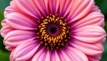 close up view of a vibrant zinnia flower with concentric circles of color and detailed symmetry. photo
