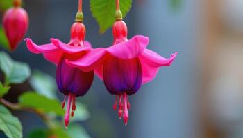 close up view of a hanging fuchsia flower with bell shaped petals in vibrant shades of pink and purple. photo