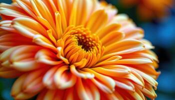 close up view of a marigold flower with layered petals glowing in a burst of yellow and orange. photo
