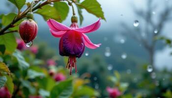 close up view of a fuchsia bloom caught in motion, dripping with raindrops under storm clouds. photo