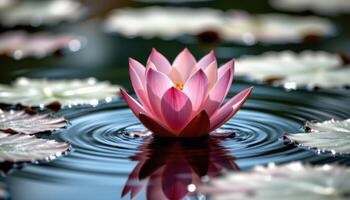 close up view of a lotus bloom rising from a quiet pond, its petals reflecting the water's shimmer. photo