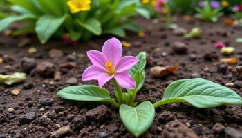 close up view of a garden bloom after rainfall with the soil still damp and richly textured. photo