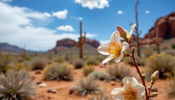 close up view of a desert bloom against a backdrop of red sandstone and sky. photo