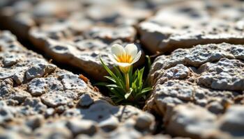 close up view of a small alpine flower emerging from between cracks in sun warmed mountain rock. photo