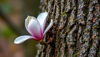 close up view of a magnolia blossom unfolding its first petal beside rough, mossy bark. photo