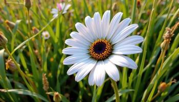 close up view of a vibrant daisy with each white petal lit from behind against tall field grass. photo