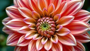 close up view of a dahlia bursting outward from its center with tightly packed petal rings. photo