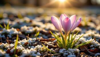 close up view of a crocus blossom glowing in golden sunlight with faint frost still on the ground. photo