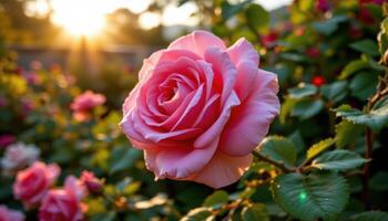 close up view of a blooming rose partially hidden by ivy, catching one sliver of golden sun. photo