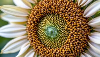 close up view of a sunflower head beginning to dry out, seeds fully formed and visible. photo