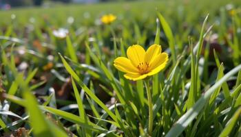close up view of a buttercup blossom framed by fine blades of grass in cool morning shade. photo