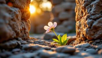 close up view of a flower nestled in a crack of stone ruins glowing warmly in the golden hour. photo