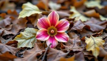 close up view of a vibrant flower surrounded by drying leaves marking the change of seasons. photo