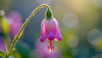 close up view of a single bellflower drooping gently with morning moisture still clinging to its tip. photo