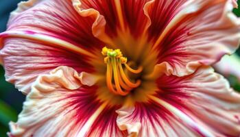 close up view of a daylily with intricate ruffled edges and vibrant colors blending like watercolor. photo