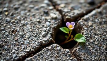 close up view of a single bloom growing from a crack in concrete, bright against a dull background. photo