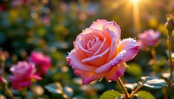 close up view of a garden rose covered in morning dew and kissed by golden sunlight. photo