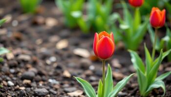 close up view of a crimson tulip standing tall against dark soil and blurred foliage. photo