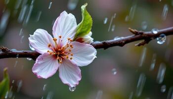 close up view of a single blossom clinging to a wind blown branch as raindrops glide along its surface. photo