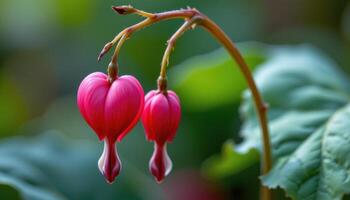 close up view of a bleeding heart flower dangling gracefully from its arched stem like drops of red velvet. photo