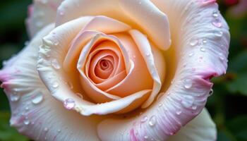 close up view of a freshly blossomed rose with water droplets clinging to its petals like tiny gems. photo