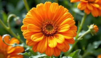 close up view of a vibrant calendula bloom glowing with warm hues and ringed by curling leaves. photo