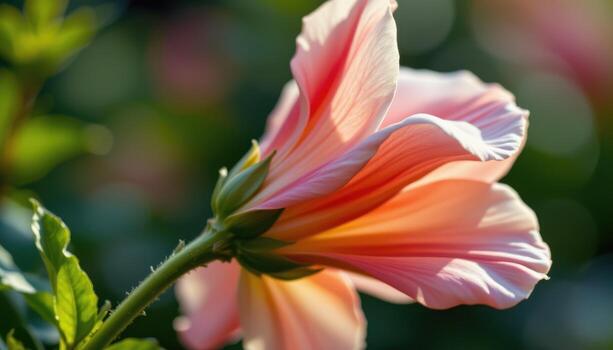 close up view of a soft bloom leaning into the wind, petals gently curled like paper. photo
